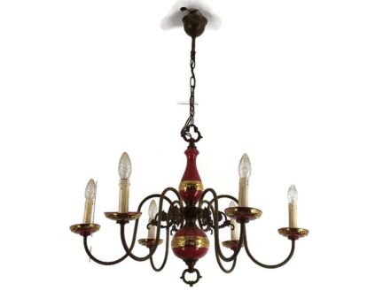 Vintage Chandelier 6 arm Lights Porcelain Bordeaux Gold Italian Lovely 