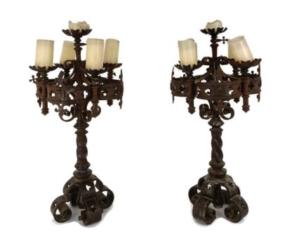 Antique 18th century Wrought Hammered Iron Castle Candelabras Candle Holders 5 arm WOW Pair