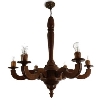 Chandelier Light Carved Wood attributed De Coene Belgium Design 6 arm 6 lights vintage