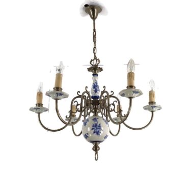 Delft Style Chandelier Blue White 6 arm 6 lights modernist vintage barn style 