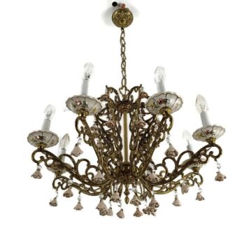 Impressive Chandelier Brass  Porcelain Flowers Prisms 8 arm lights WOW
