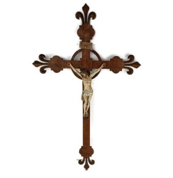 Impressive large Crucifix hanging Cross, Antique, French Fleur de Lis Plaster Corpus WOW
