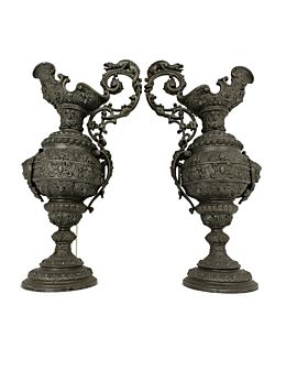 Couple Art Nouveau Jar Pitcher Spelter Art Work Mythology Dragons Medusa HTF