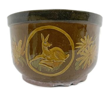 XL Planter Cache Pot French Pottery Faience Hunter Scenes Deer Bird Gorgeous