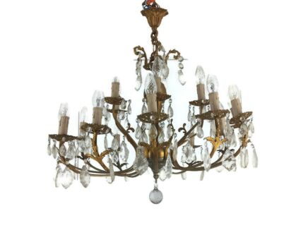 Brass Vintage Chandelier 12 Lights Crystal prisms drops Hollywood regency style