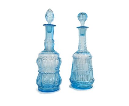 Pair Couple Light Blue Azzurro small Empoli Italian hand made Bottles Vintage