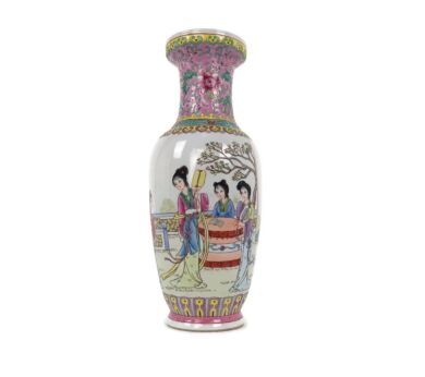 Chinese Porcelain Vintage Family Rose Vase Polychrome Women in the Garden