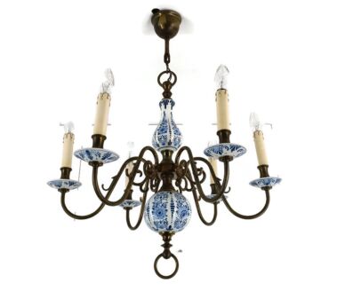 Dutch Delft Blue White Porcelain Ornate Brass Chandelier 6 Lights Arm Farmhouse Barn Style