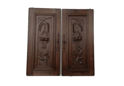 Pair Antique French hand Carved Wood Oak Door Panels Reclaimed Architectural Flower Baskets