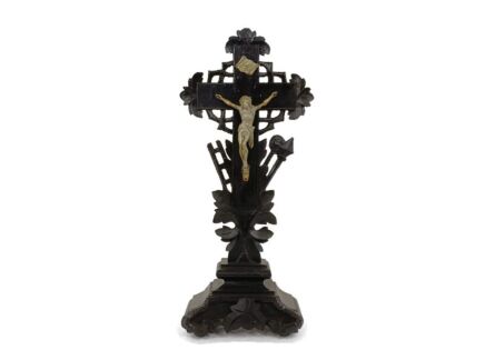 Antique Standing Crucifix  Cross  Wood Spelter Corpus Christi Hand Carved  Tools of Passion