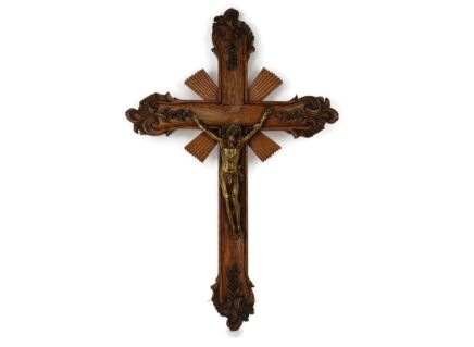 Large hanging Crucifix Cross French Ornate hand Carved Wood Brass Corpus 