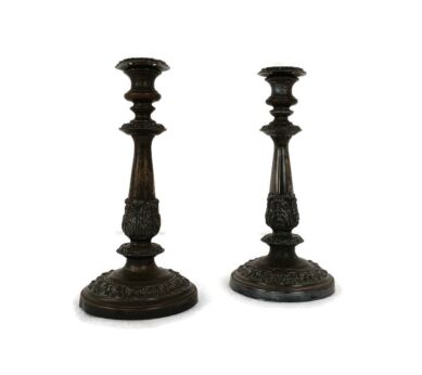 Pair Couple Silver plated Antique 19th Century Red Copper Candle Holders Sticks 