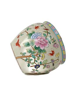 Vintage Chinese Porcelain Enamel  Koi Fish Bowl Planter Vase Birds Flowers Cachepot  12"