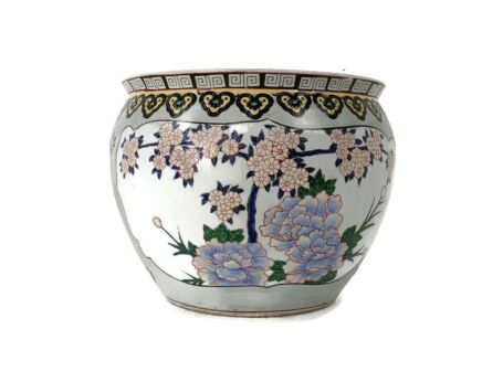Chinese Porcelain Enamel Koi Fish Bowl Planter Vase Flowers Cachepot 10"  Vintage