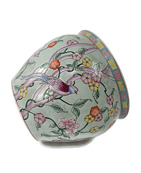 Gorgeous Chinese Porcelain  Bird of Paradise Koi  Bowl Planter Vase Birds Flowers Cachepot 12"