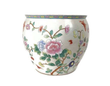 XL Vintage Chinese Porcelain Enamel Famille Rose Koi Fish Bowl Planter Vase  Cachepot Flower Pot 18"