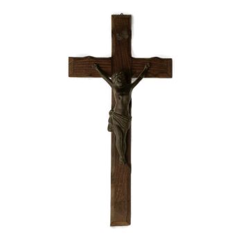 Large  hand Carved Wood Hanging Crucifix Jesus Christ Cross Vintage Corpus Christi Spelter 