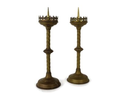 Pair Antique Candle Holders Candle sticks Church  Chapel Altar Monastery Brass Neo Gothic  1800s 