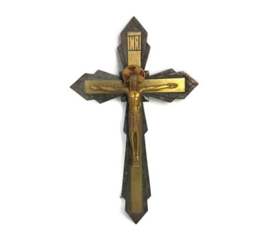 Vintage Ornate Brass  Wall Hanging Crucifix French Cross  Etched brass  Enamel