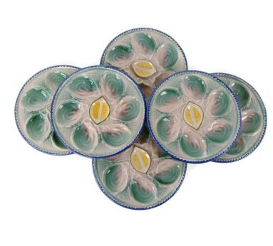 Set of 6 French Oyster Plates Porcelain Faience de St Clement Hand Painted