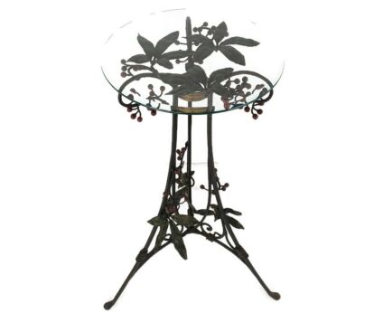 Wrough Iron Table Grapes Cast Iron Gorgeous Art Deco Side Table Pedestal Beveled Glass top 