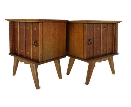 vintage Modernist pair couple of Nightstands end tables cabinets Carved wood funky 