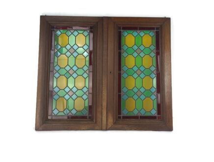 Pair Two Antique Leaded Glass hand Carved Wooden Door Panels Reclaimed Architectural 