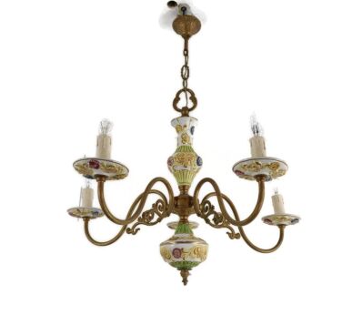 Chandelier 5 Arm Lights Brass Porcelain Flowers Italian Italy Fixture Lamp Vintage 