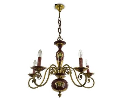 Chandelier Porcelain Brass Red Brown Bohemian Style 5 arms Lights, Vintage 