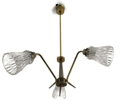 Vintage Chandelier 3 arm 3 lights  Glass shades teak brass Pop art Style Funky