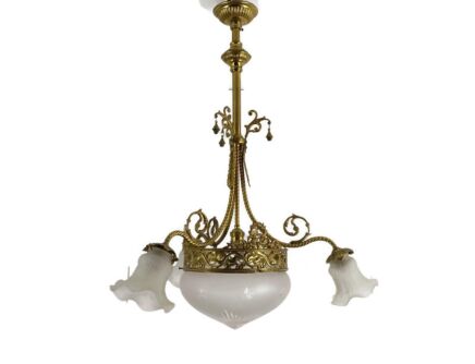 Chandelier Light Fixture antique 4 Lights 3 arm Brass Etched Glass Shades Gorgeous  