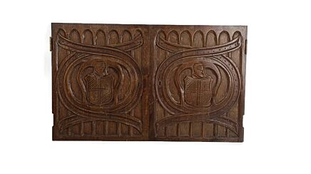 Couple  panels antique hand carved wood Knights Shields reclaimed cabinet doors architectural 