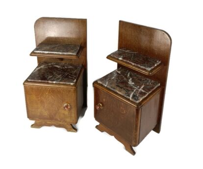 Antique Art Deco Nightstands End tables Wood Marble Tops  20s 30s Vanity Cabinets Pair WOW