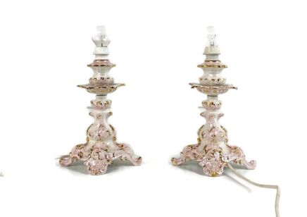 Pair Porcelain Bassano Italy Vintage Desk Table lamps White Pink Gold Marked 