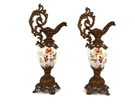 large Couple Of vases Pewters Porcelain Flower pattern Ornate Spelter  50s vintage