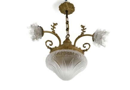 art Deco French Chandelier Ornate Brass Etched Glass Flower shaped Shades Beautiful