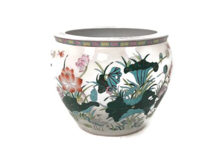 XL Vintage Chinese Porcelain Enamel Koi Fish Bowl Planter Vase  Cachepot Flower Pot 16"
