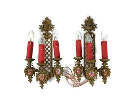 Pair French Brass Triple Wall Sconces Candelabras Victorian style Limoges Sevres vintage