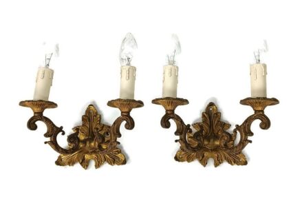 pair of double small  wall lights sconces brass ornate hollywood regency vintage lovely 