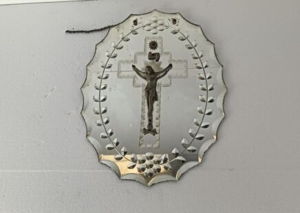 antique cut to clear glass mirror with spelter Cross crucifix beveled glass collector