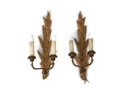Stunning pair of wall sconces lights wall mounted Hollywood regency wood brass double