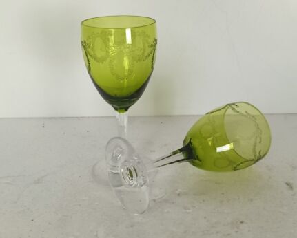 two art deco glasses etched glass green Val St lambert style Leon Ledru 