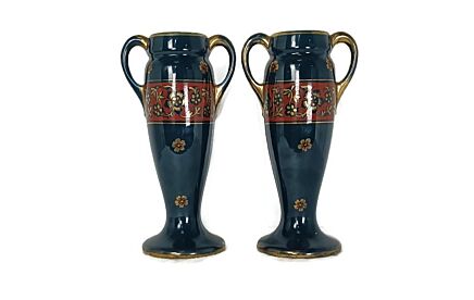 couple of vintage glazed blue vases urns with handles hand painted lovely