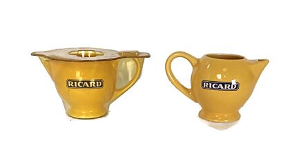 set of 2 Yellow Ricard Pitcher Jars Ceramic France French Authentic Apero Pastis vintage