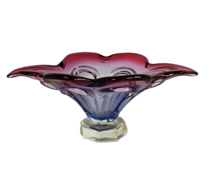 art glass footed centerpiece dish Bowl Cranberry blue Japanese style vintage 