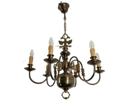 Flemish Dutch Chandelier 6 Arms Lights brass  vintage Barn Farmhouse  