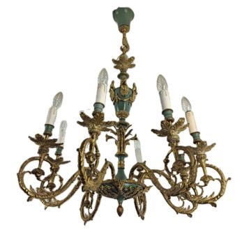 Vintage French Empire Chandelier Bronze 8 arm Green Gold impressive 