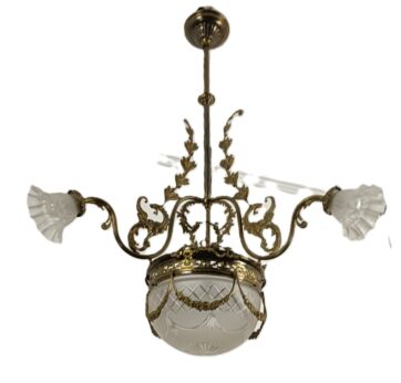 Large Art deco antique chandelier 4 lights 3 arm decorative etched glass French empire 
