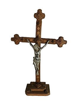 large standing antique table crucifix cross hand made folk art carved wood Spelter Corpus 