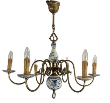 Delft Chandelier Blue White 6 arm 6 lights modernist vintage   porcelain brass 